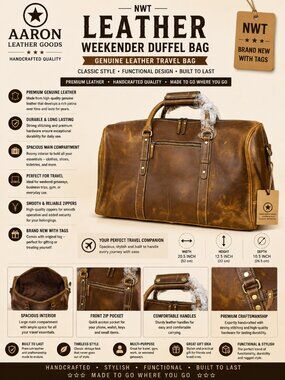 NWT Aaron Leather Goods Genuine Leather Weekender Duffel Travel Bag Brown